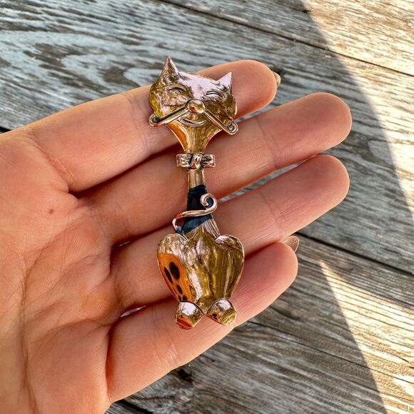 Vintage Jewelry - Vintage Modernist Copper Cat Pin Brooch Tall Modernist Smiling Vintage Cat Pin